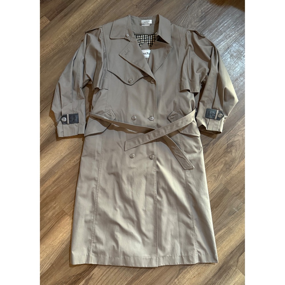 British Mist Trench Coat Tan Khaki Plaid Removable Liner Belted Womens 14 Long
